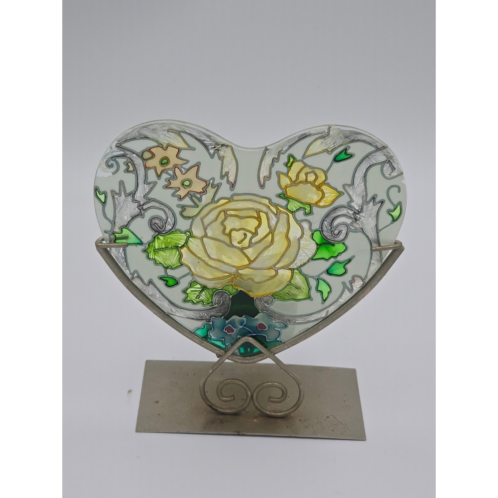 Joan Baker Designs French Bouquet Handpainted Glass Heart Tea Light Holder
